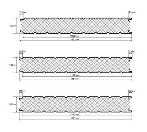 Сэндвич панели стеновые с пенополистиролом, ширина 1000 мм, толщина 100 мм, 0.5/0.5, RAL3005